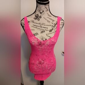 Hot Pink Lace Mini Lingerie Dress with crisscross cutout sides